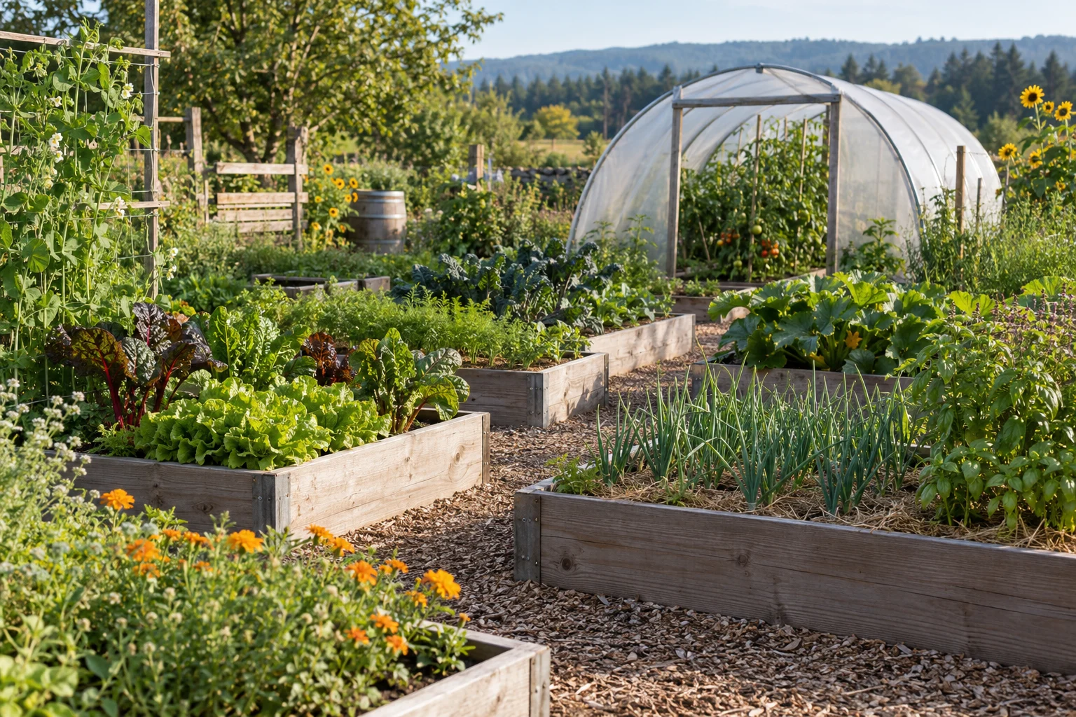 Raised beds and a small growing tunnel in a productive kitchen garden.