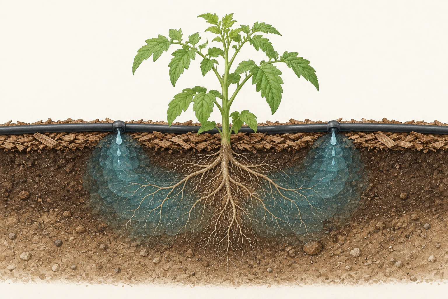 Educational cutaway showing a drip line, soil layers, and roots in a limited wetting zone.