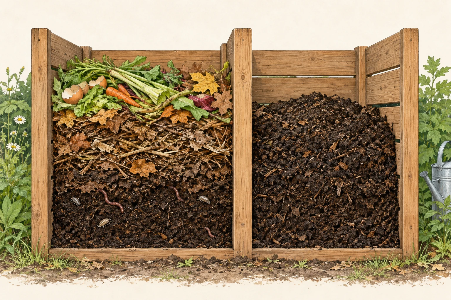 Illustration of fresh scraps and mature-looking compost in separate bays.