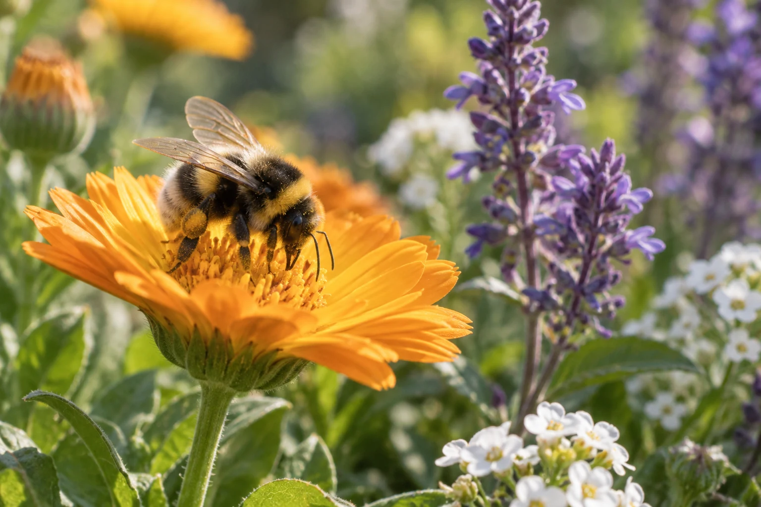 Bumblebee visiting a flower in a garden.